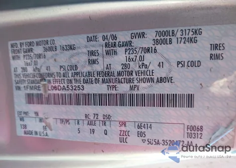 2006 Ford E-150 Xl/Xlt z USA, uszkodzony, nr VIN 1FMRE11L06DA53253